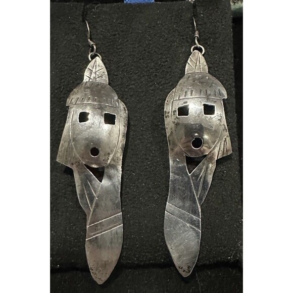 Handmade Jewelry - Vintage Navajo Maiden Sterling Silver Kachina Dancer Dangle Hook Earrings Native
